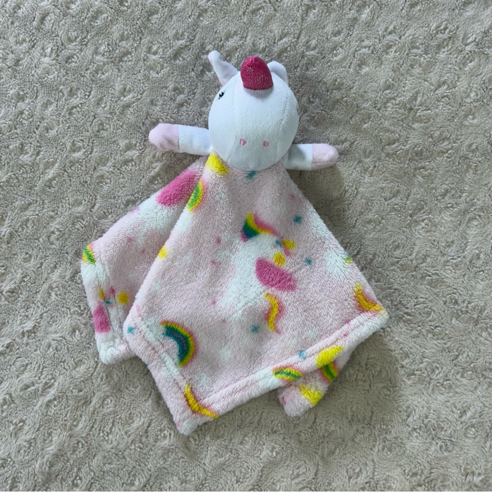 Born Loved Unicorn Baby Lovey Security Blanket Pink White Rainbows Plush Toy